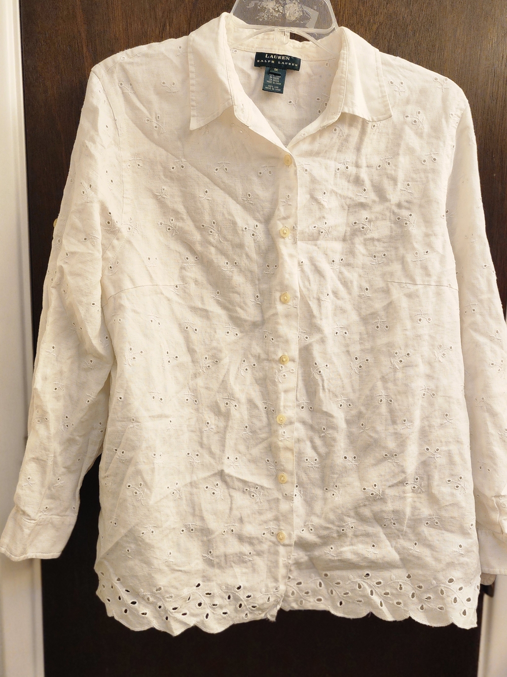 Lauren Ralph Lauren 1X White 100% Linen Eyelet Button Down Blouse